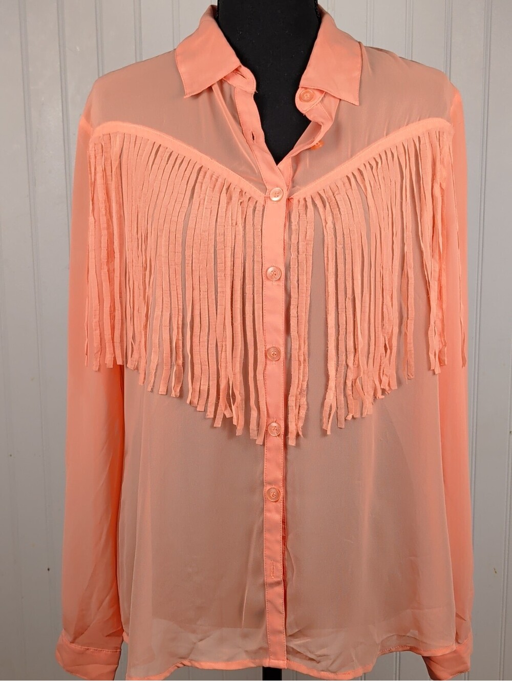 Bisou Bisou Michele Bohbot Peach Sheer Western Fringe Button Up Medium